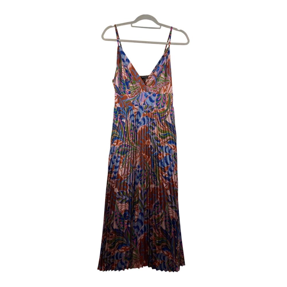 Caballero Genevieve Midi Dress Small Smocked Pleated Tropical Floral Bohemian